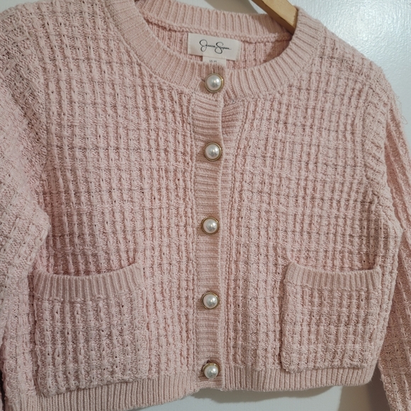 Jessica Simpson Pink Textured Knit Pearl Button Cropped Cardigan Sweater Jacket - Picture 2 of 6